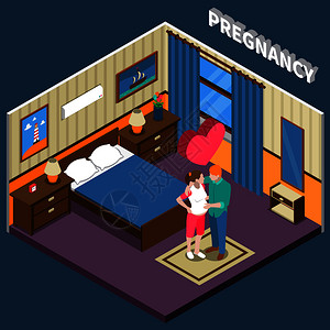 父母卧室怀孕等距构图蓝色背景与爱的夫妇等待婴儿,卧室内部元素矢量插图妊娠等距成分插画