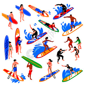 冲浪教练冲浪等距图标与教练培训轻人骑冲浪板孤立矢量插图等距冲浪装置插画