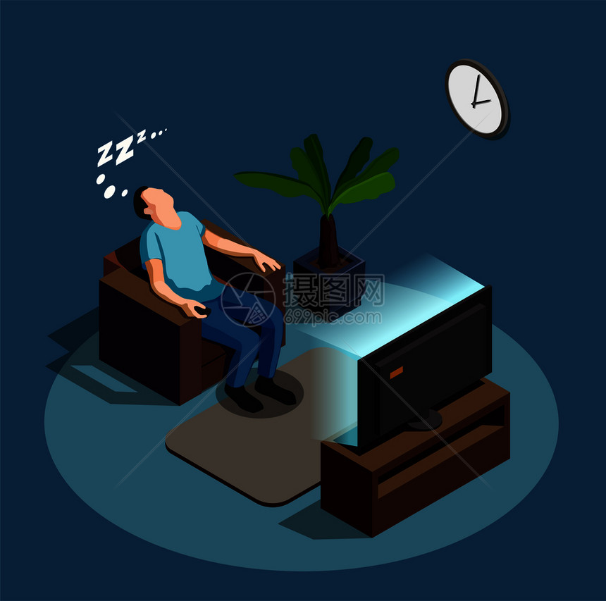 看电视时睡觉,蓝色灰色背景上的构图,人椅子上,内部元素矢量插图看电视作文时睡觉图片