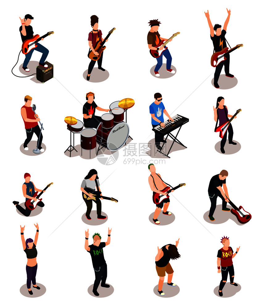滚明星集等距的人与乐器,包括鼓,合成器,吉他矢量插图滚明星等距的人图片