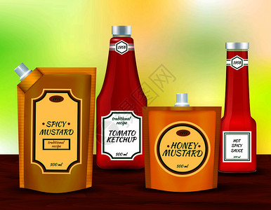 番茄酱瓶辛辣番茄芥末酱塑料包装袋与喷口瓶子现实身份收集矢量插图酱瓶包装写实套插画