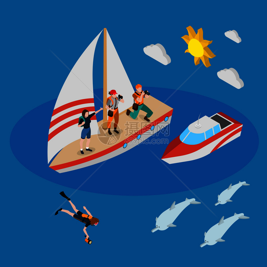 游艇与游客,潜水时的人,摩托艇,海豚等距成的蓝色背景矢量插图游艇与游客等距成图片
