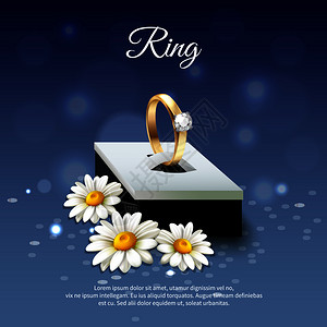 彩色雏菊写实构图与结婚戒指蓝色礼品盒矢量插图黛西现实的构图图片