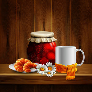 甘菊茶雏菊花的写实构图与罐果酱杯的茶散射的花卉矢量插图雏菊花写实构图插画