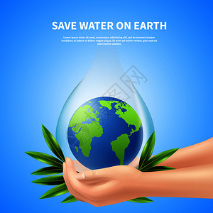 水资源海报节约地球上的水广告海报与人们的手着巨大的滴与地球现实的矢量插图节约地球上的水广告海报插画