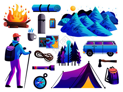 徒步图标徒步旅行野营生存之旅抽象彩色图标收集与旅游帐篷罗盘篝火山孤立矢量插图徒步旅行野营五颜六色的套装插画