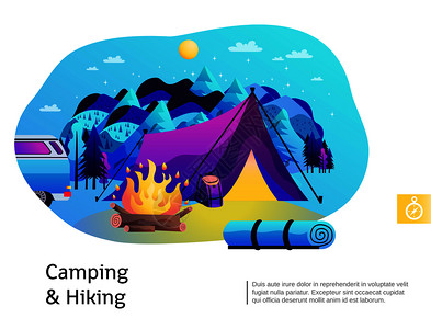 野营徒步旅行抽象彩色构图与明火紫色帐篷蓝山背景海报矢量插图野营徒步旅行彩色插图背景图片