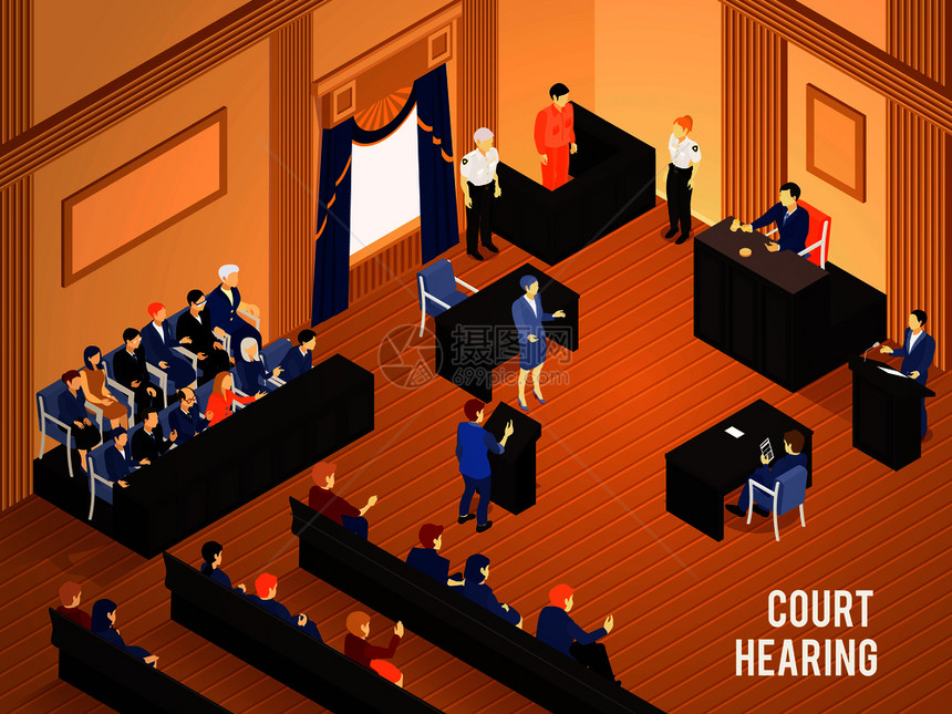 法庭听证会与法官陪审证人三维等距矢量插图法律等距插图图片