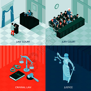 法律司法的象征陪审法庭等距2x2彩色背景三维矢量插图等距律图片