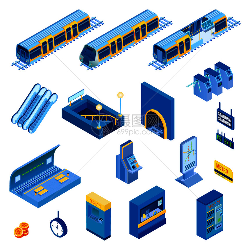 等距集的各种地下地铁站元素与自动扶梯隧道列车门隔离白色背景三维矢量插图等距地下装置图片