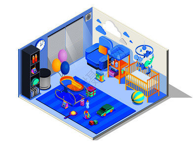 新生儿室等距成与婴儿室家具婴儿床保镖换台玩垫玩具矢量插图婴儿房等距成插画