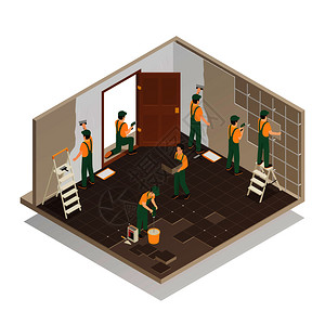 家庭改造维修等距成与专业工人队瓷砖地板墙壁房间矢量插图家庭翻新等距成图片