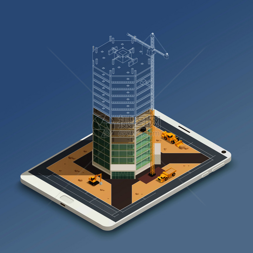智能手机屏幕上的摩天大楼结构等距成与钢管框架黄色机械矢量插图摩天大楼建筑等距成图片