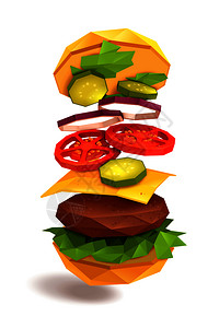 碎洋葱汉堡与飞行成分,包括包,牛肉馅饼,奶酪,蔬菜白色背景矢量插图汉堡飞行配料插画