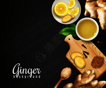 姜根,切板与香料,杯茶,茶托与柠檬黑色背景矢量插图姜黑背景背景图片