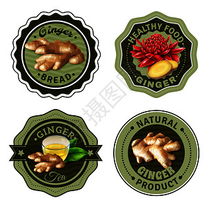 套带生姜产品元素的标签,包括新鲜根茶包分离矢量插图生姜产品标签背景图片