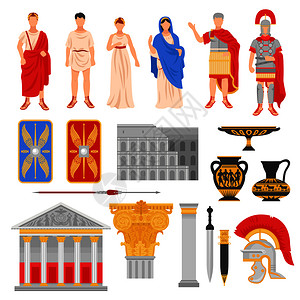 穆罗姆古罗马帝国套平图像与泛神装备人类人物矢量插图帝国罗马图标插画
