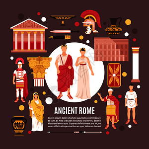 历史文化古迹古罗马市民文化建筑历史古迹平构图海报与万神殿古罗马陶器矢量插图古罗马平构图海报插画