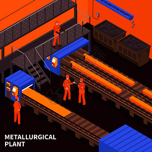 铝膜板钢铁冶金工业热轧重板生产厂等距成与工人矢量图钢铁工业等距插画