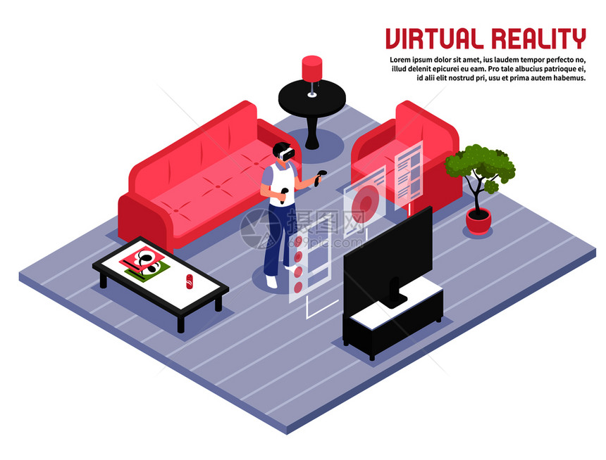 虚拟现实全屏沉浸式体验等距构图,耳机中的人站家里,两个控制器矢量插图虚拟现实等距海报图片