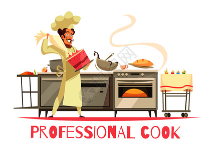 专业厨师白底蛋糕制作构图与厨房设备烹饪工具矢量插图专业厨师作文图片