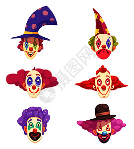 小丑鼻子边框小丑的具了各种鬼脸彩色卷发矢量插图小丑具套装插画