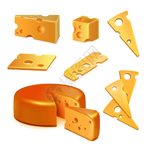 奶酪洞,碎片切片的各种形状现实白色背景矢量插图奶酪写实套装图片