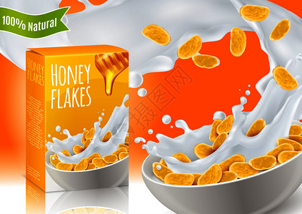 蜂蜜柠檬干早餐谷物与蜂蜜牛奶的现实成与产品广告橙色背景矢量插图蜂蜜早餐谷类食品的现实成插画