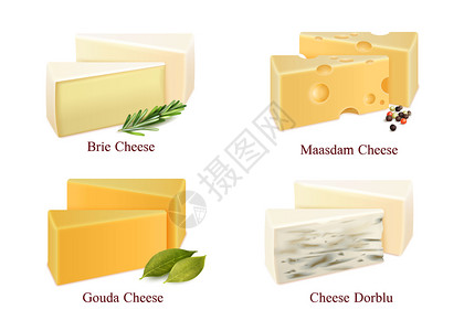 马樱丹套奶酪种类的碎片布里,果达,多布卢玛沙姆与香料分离矢量插图奶酪套餐插画