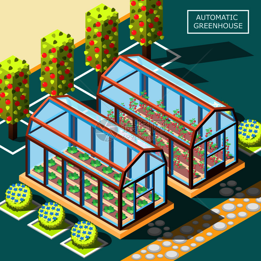 农业机器人等距海报与两个璃自动温室种植机蔬菜水果矢量插图农业机器人等距海报图片