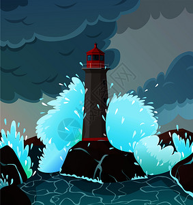 暴风雨的海滨景观与波浪灯塔符号平矢量插图暴风雨的海滨景观插图图片