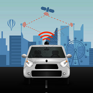 汽车雷达自主汽车现实构图与无线电控制汽车远程指挥操作方案卫星与象形图矢量插图远程汽车背景插画