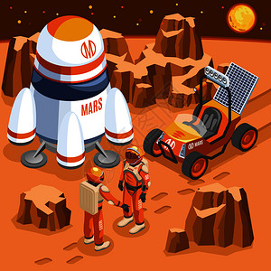 沙漠太阳能火星探索成与宇航员,太空船,汽车与太阳能电池,质的行星等距矢量插图火星勘探等距插图插画