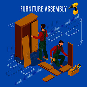木匠测量蓝色背景等距矢量插图上的家具装配过程中,用专业工具制造的工人家具装配等距插图插画