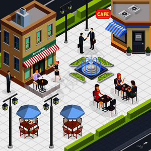 等距商务午餐的人成与几张桌子户外咖啡馆矢量插图等距商务午餐人员成图片