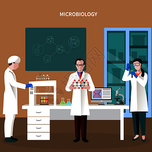 科学家们用三个人实验室微生物学标题矢量插图中工作科学家们的成扁平的图片