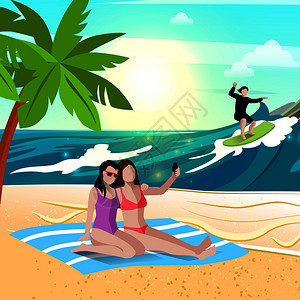 冲浪者的天堂人们海滩上的构图与海岸景观平人物的板冲浪者女朋友矢量插图海滩度假作文插画