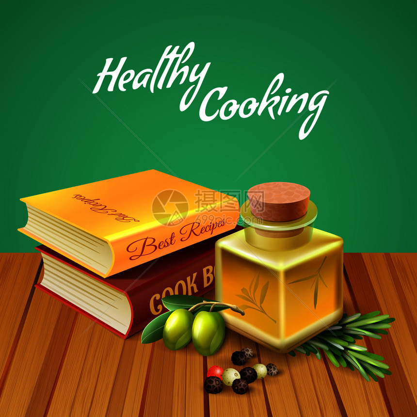 健康的烹饪背景与两本烹饪书,橄榄油,草药香料,现实的矢量插图现实的草药香料背景图片
