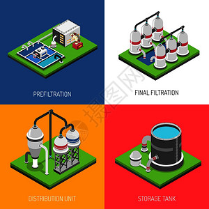 净水2x2集分配单元储罐预过滤最终过滤方形图标等距矢量插图净水2x2理念背景图片