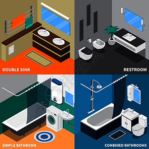 卫生工程等距理念与卫生间,简单合浴室,双水槽隔离矢量插图卫生工程等距理念图片