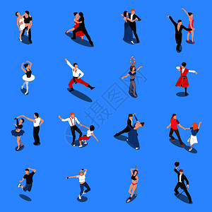 专业舞者单身伴侣舞蹈,专业表演者各种姿势,等距的人孤立蓝色背景矢量插图舞蹈专业表演者等距的人插画