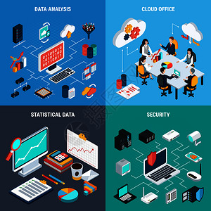 大数据2x2集云办公数据分析安全统计方形图标等距矢量插图大数据2x2理念背景图片