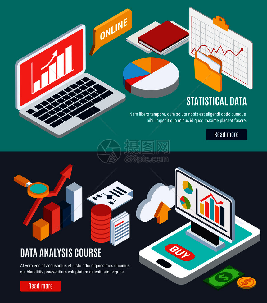 数据分析水平横幅与线统计数据动态的货币课程图图表等距图标矢量插图数据分析水平横幅图片