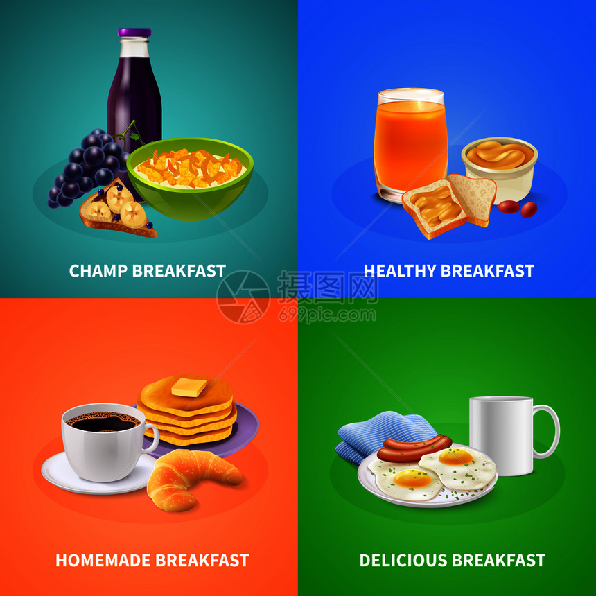 各种类型美味早餐2x2理念彩色背景下逼真的孤立矢量插图逼真的早餐理念图片