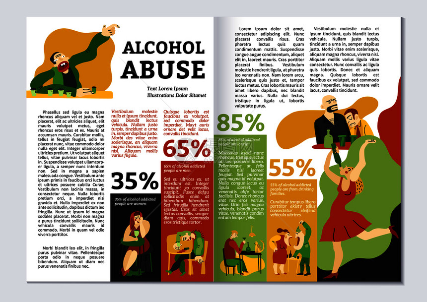 酒精成瘾杂志布局与滥用符号信息平矢量插图酒精成瘾杂志的版图片