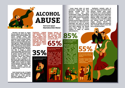 酒精成瘾杂志布局与滥用符号信息平矢量插图酒精成瘾杂志的版背景图片