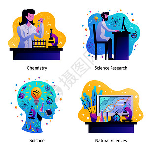 科学4彩色抽象图标与思想符号研究化学实验室工作人员孤立矢量插图科学背景图片