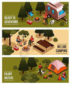 夏季野营徒步旅行探险3等距水平横幅与家庭帐篷背包明火孤立矢量插图野营徒步旅行等距横幅插画
