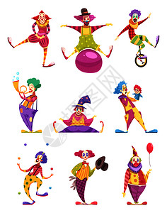 拿着喇叭小丑图标小丑穿着五颜六色的服装,各种元素,包括独轮车木偶球孤立矢量插图小丑图标插画