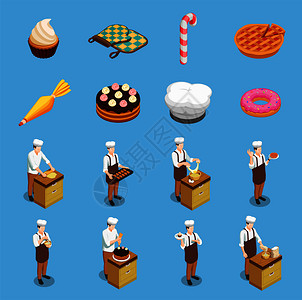 糖果厨师等距图标蓝色背景孤立矢量插图糖果厨师等距图标图片